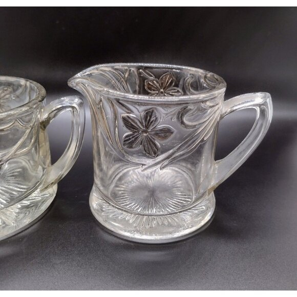 Indiana Glass Co EAPG Antique Open Creamer Sugar Set Clear Silver Floral - Picture 2 of 8